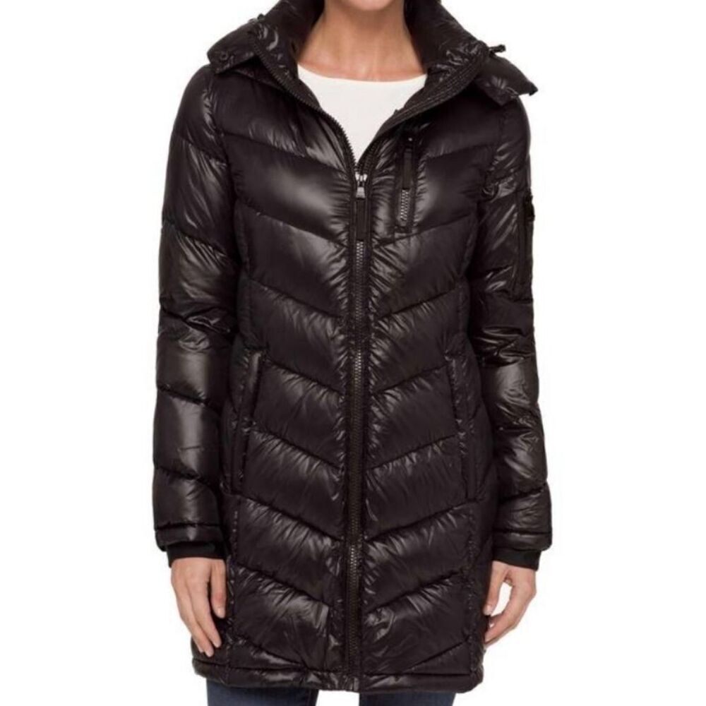 Andrew Marc Loden packable puffer DOWN Shiny Black Long Coat Jacket sz XS